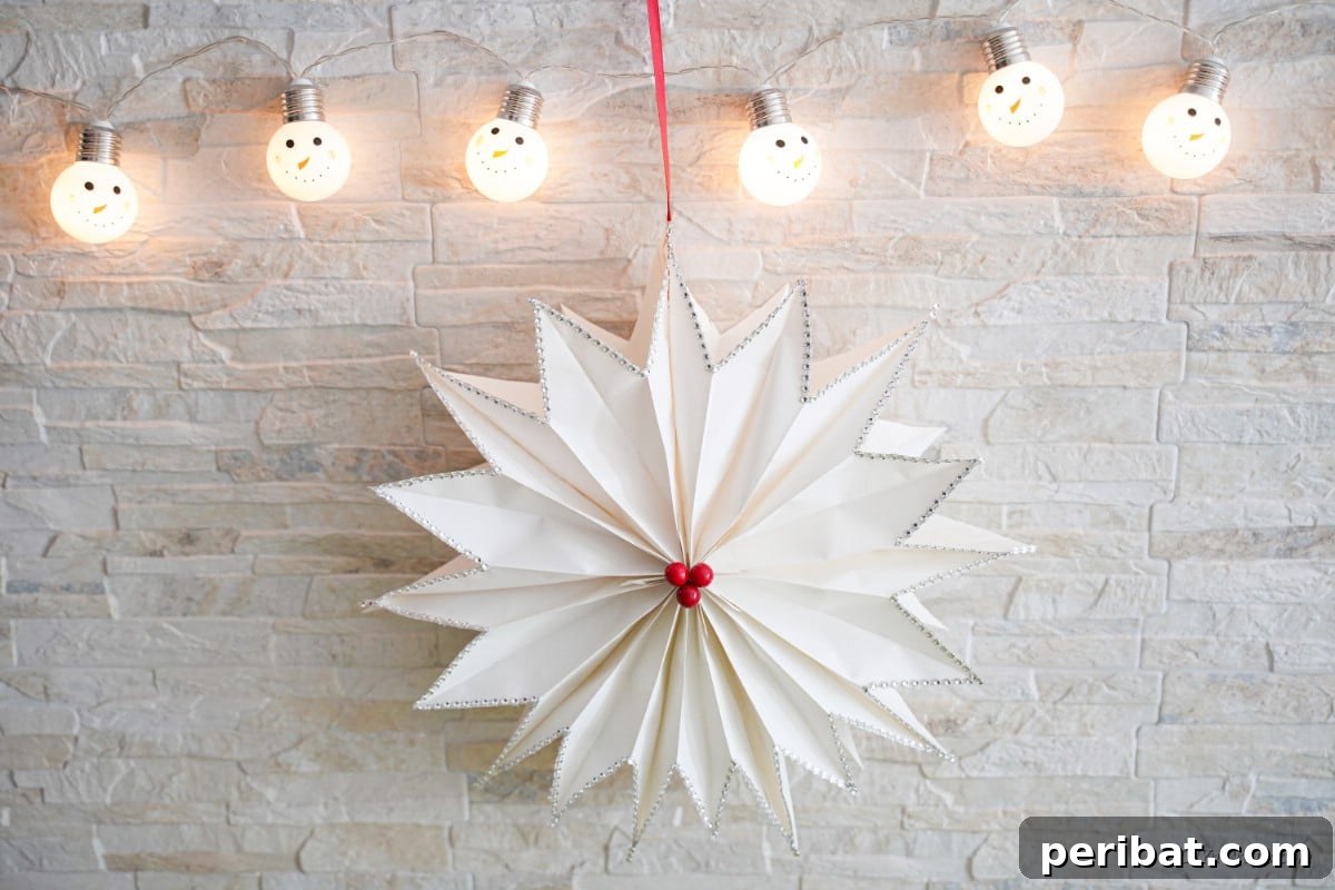 DIY Giant Paper Bag Star Decorations 24 Paper bag star craft with lights on wall, creating a warm, magical ambiance