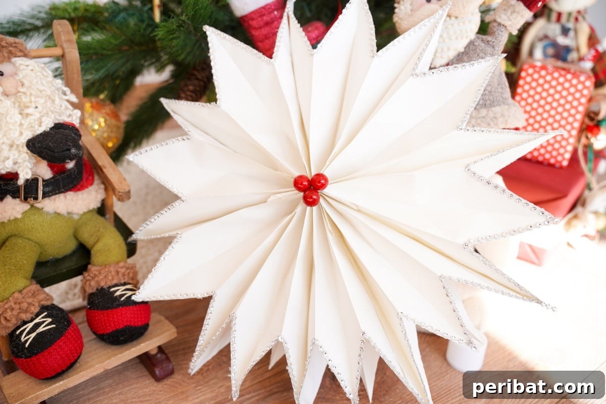 DIY Giant Paper Bag Star Decorations 4 Paper star made out of bags in front of Christmas decorations, showcasing its versatility