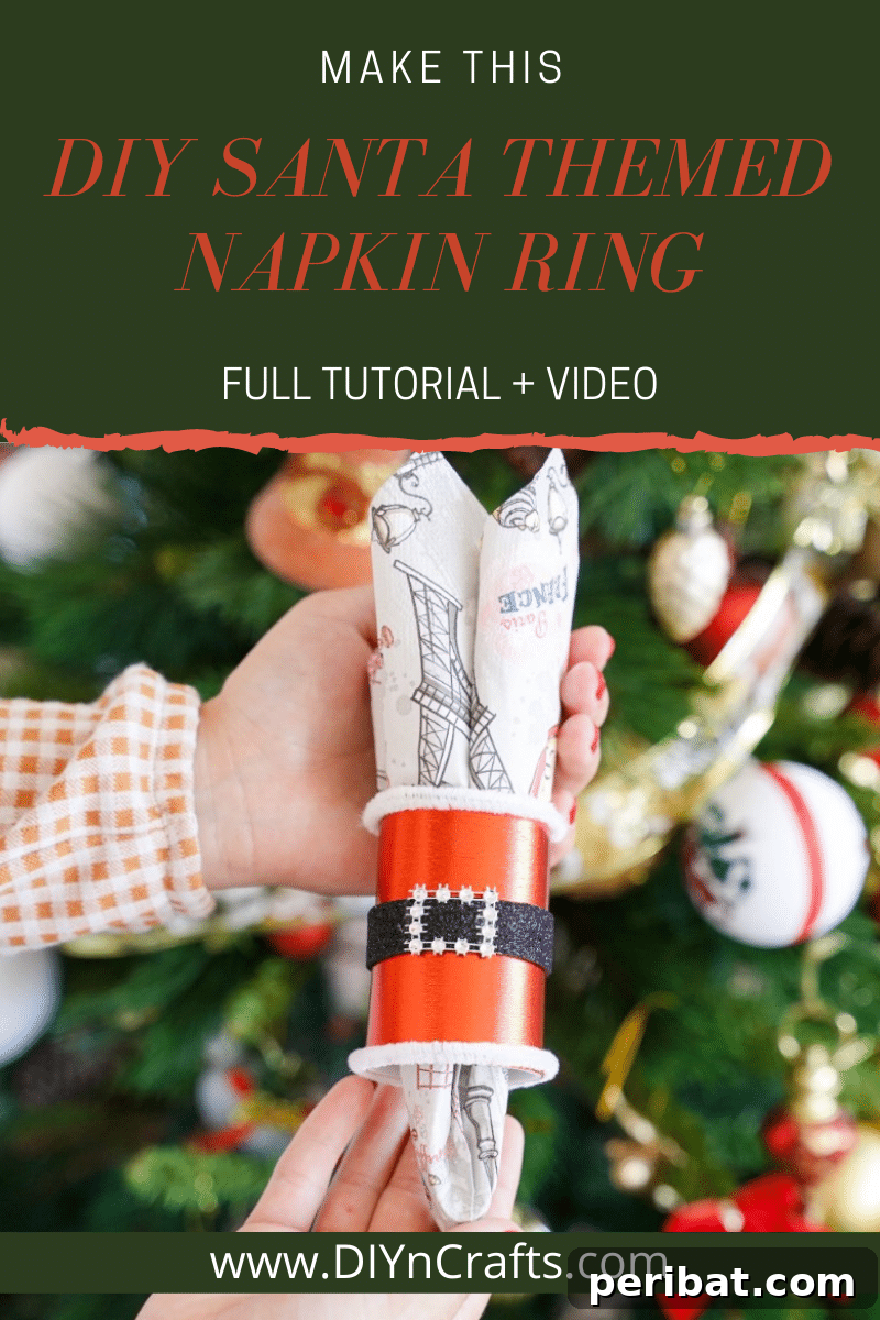 Santa napkin ring in front of Christmas tree