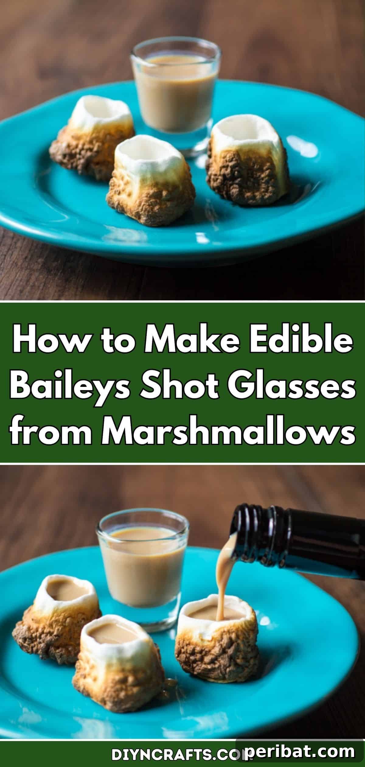 Turn Marshmallows into Edible Baileys Shot Glasses 2 Delicious Edible Baileys Marshmallow Shot Glasses with a Toasted Golden Hue, ready to be enjoyed as a boozy dessert.