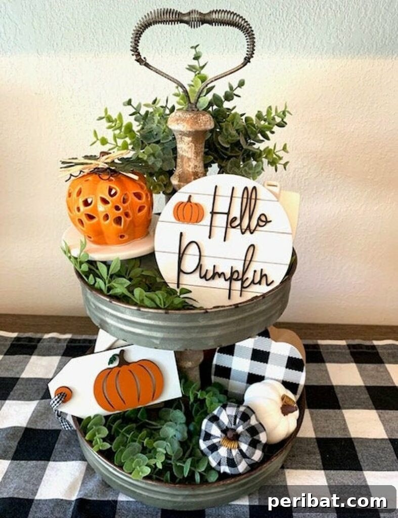 55+ Creative DIY Pumpkin Decorating Ideas for Fall 53 An inviting Fall display featuring 3D pumpkin signs within tiered trays on a plaid table runner