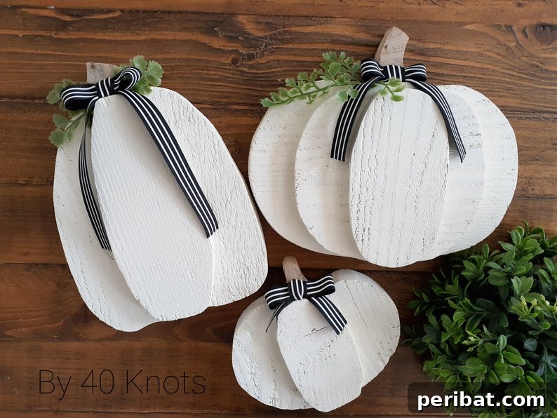 55+ Creative DIY Pumpkin Decorating Ideas for Fall 56 Elegant white wooden pumpkins with a 3D effect, displayed on a wooden surface for Fall decor