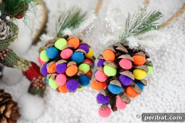 Sixty Sparkling DIY Ornaments for Your Christmas Tree 11 Colored pom poms on pine cones