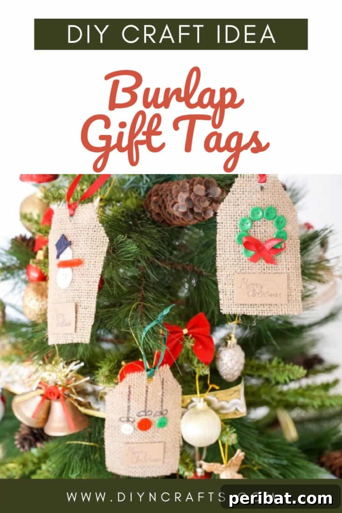 Charming Burlap Christmas Gift Tags: 3 Effortless DIY Styles 2 Rustic homemade burlap gift tags hanging beautifully in a decorated Christmas tree, adding a touch of personalized charm to the holiday decor.