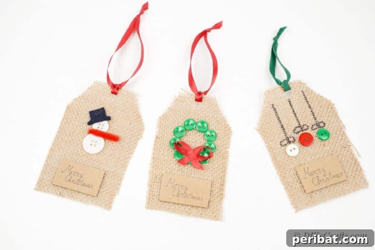 Charming Burlap Christmas Gift Tags: 3 Effortless DIY Styles 17 A collection of beautifully completed homemade burlap gift tags, ready to be attached to holiday presents or used as decorations.