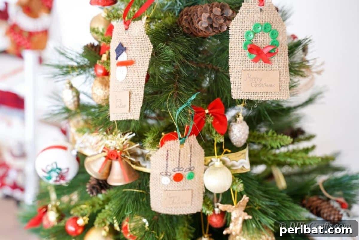 Charming Burlap Christmas Gift Tags: 3 Effortless DIY Styles 6 Various homemade gift tags, resembling ornaments, hanging gracefully from the branches of a Christmas tree.