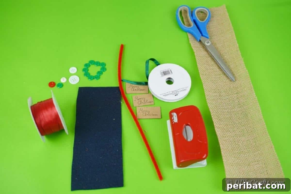 Charming Burlap Christmas Gift Tags: 3 Effortless DIY Styles 9 Various craft supplies neatly arranged on a table, ready for a DIY project.