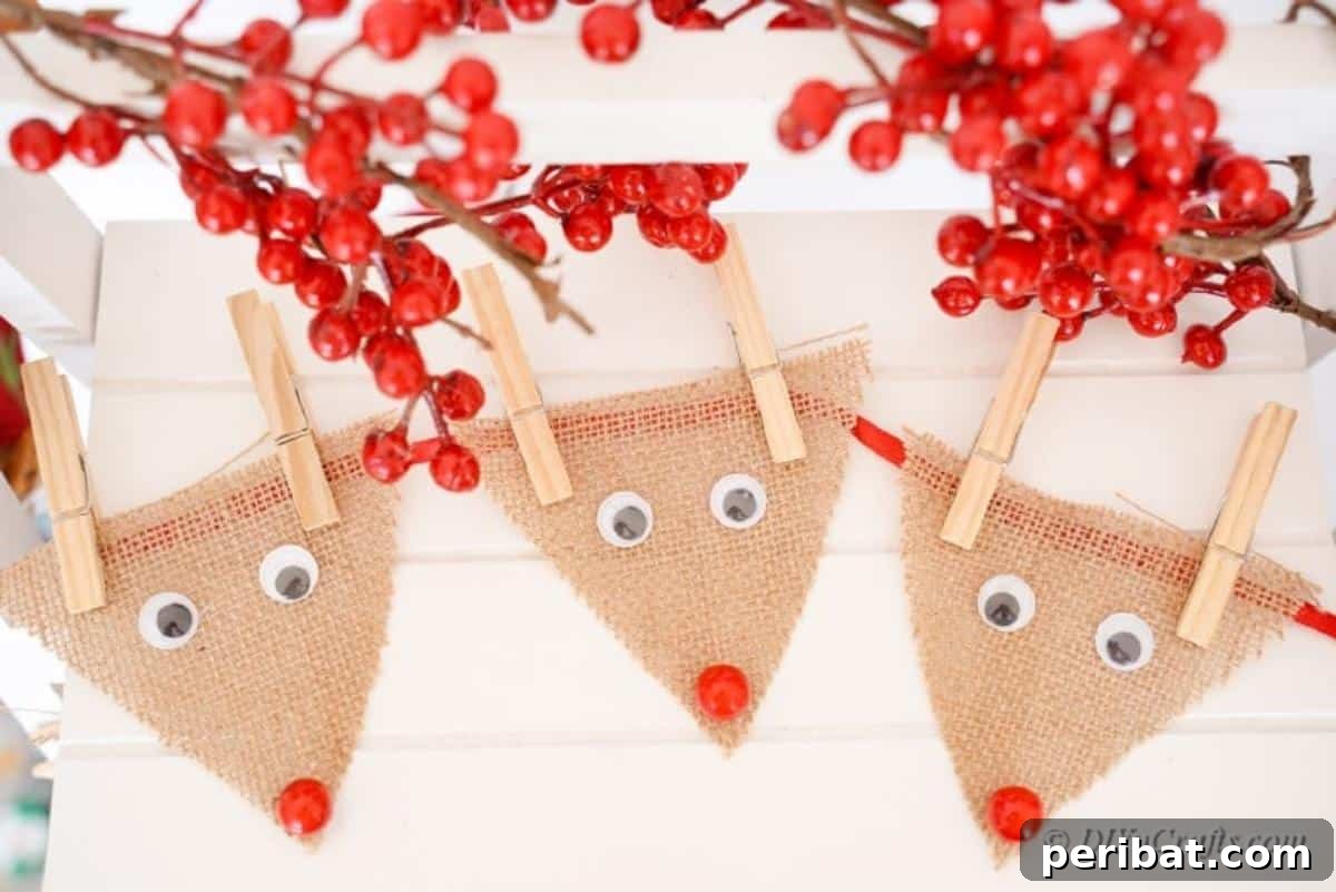 Rustic Reindeer Burlap Garland 20 Burlap reindeer craft pieces arranged along a decorative surface