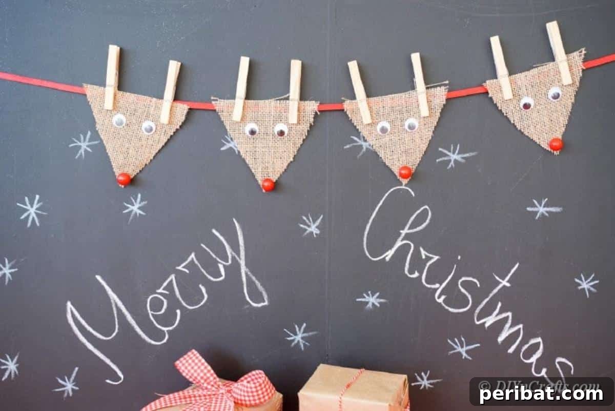 Rustic Reindeer Burlap Garland 5 Burlap reindeer craft project in front of a blackboard