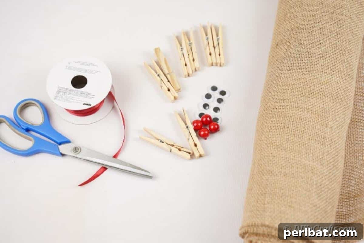 Rustic Reindeer Burlap Garland 6 Craft supplies including burlap, ribbon, googly eyes, and a glue gun