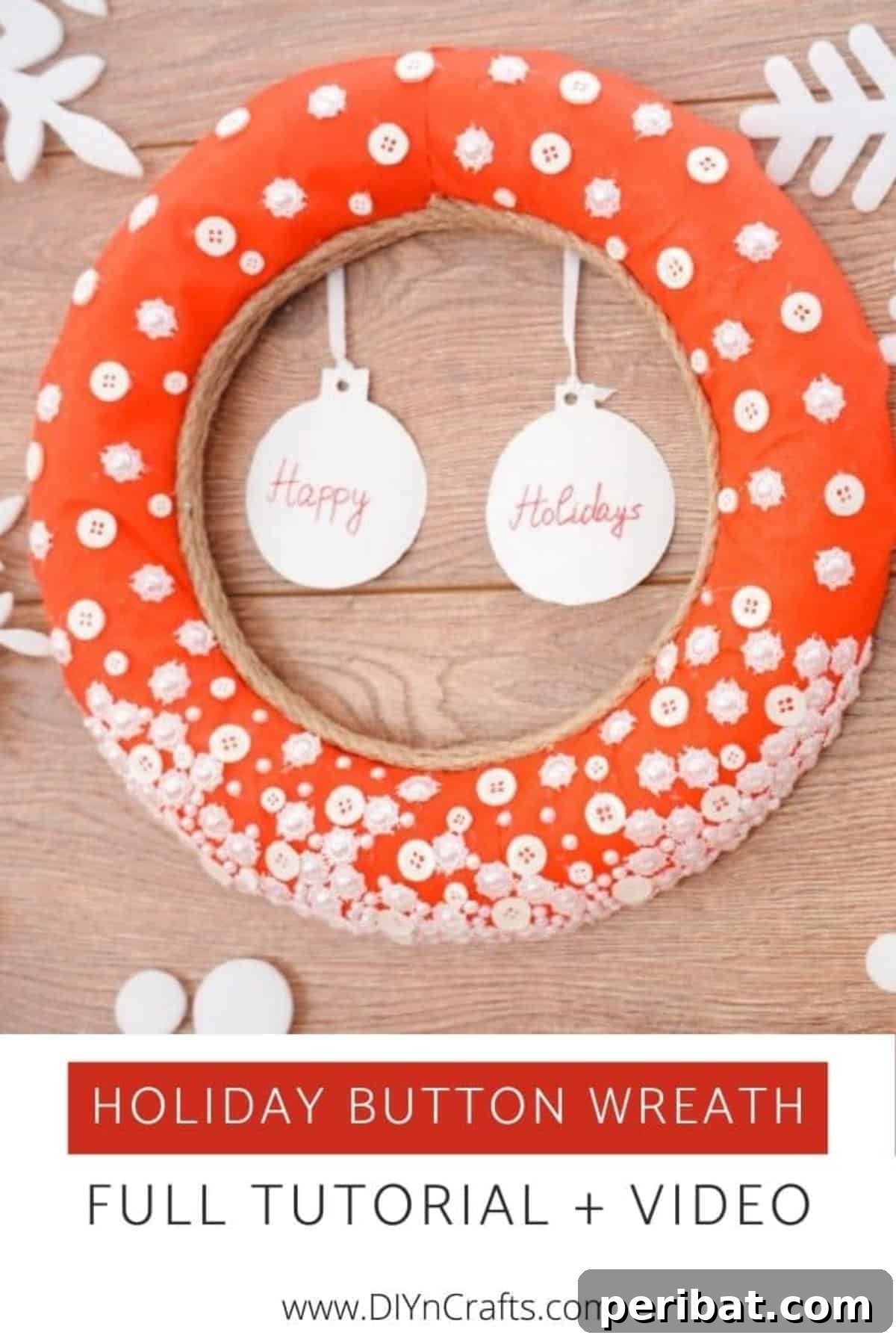Vibrant red button wreath on a rustic wooden backdrop