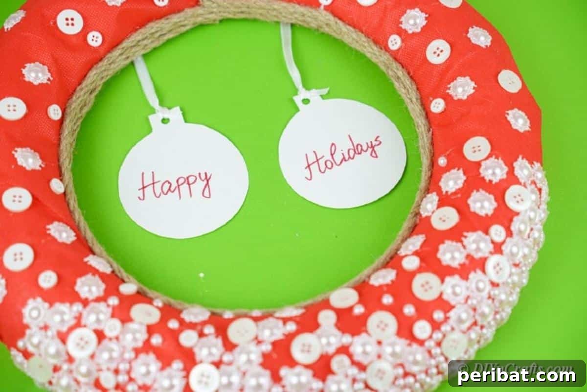 A large, beautifully crafted wreath adorned with craft buttons, perfect for hanging