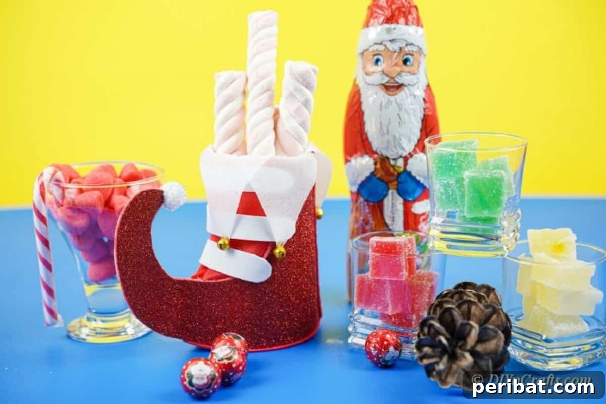 Upcycled Plastic Bottle Santa Boot Decor 5 Close-up of a Christmas themed Santa boot craft, showcasing its detailed design and festive appeal