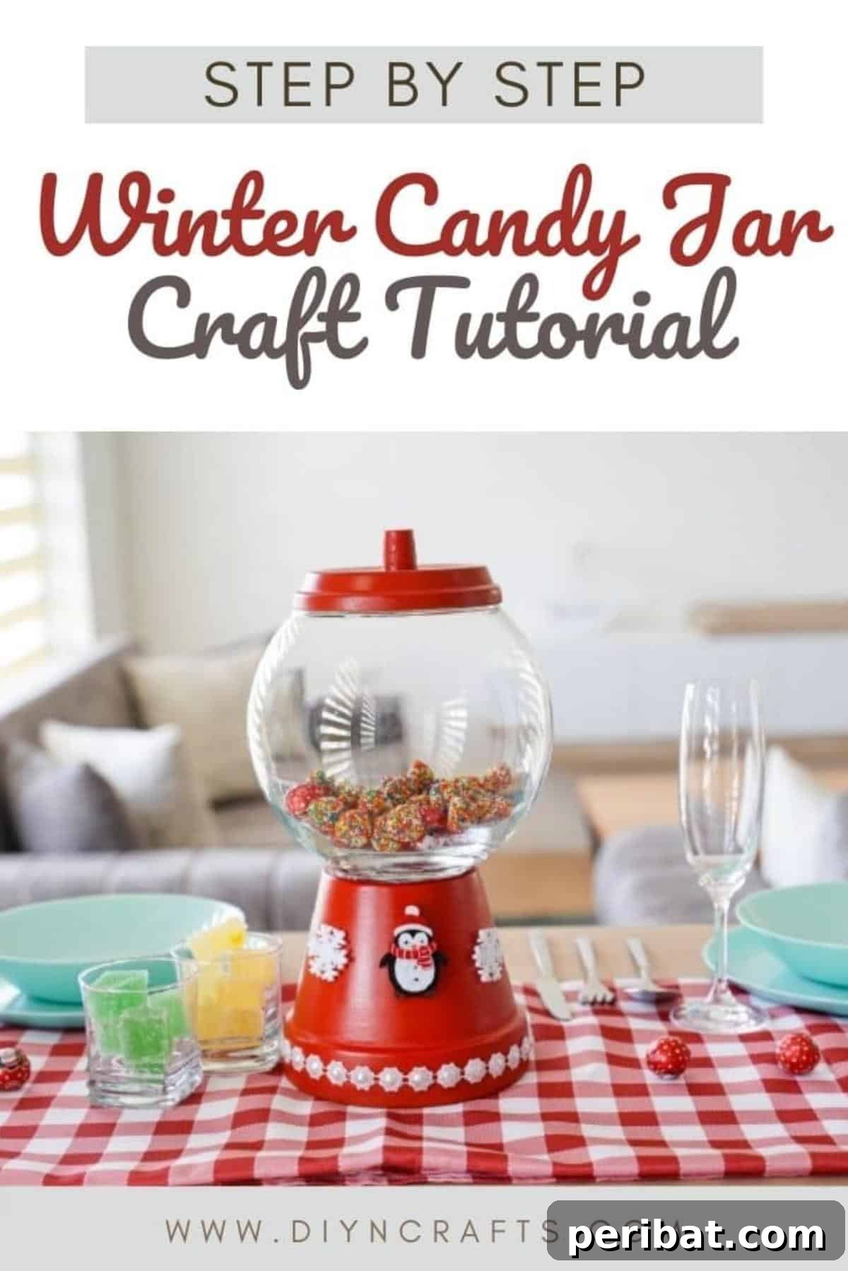 Festive Candy Dispenser on a Budget 2 Winter candy jar sitting on a living room table