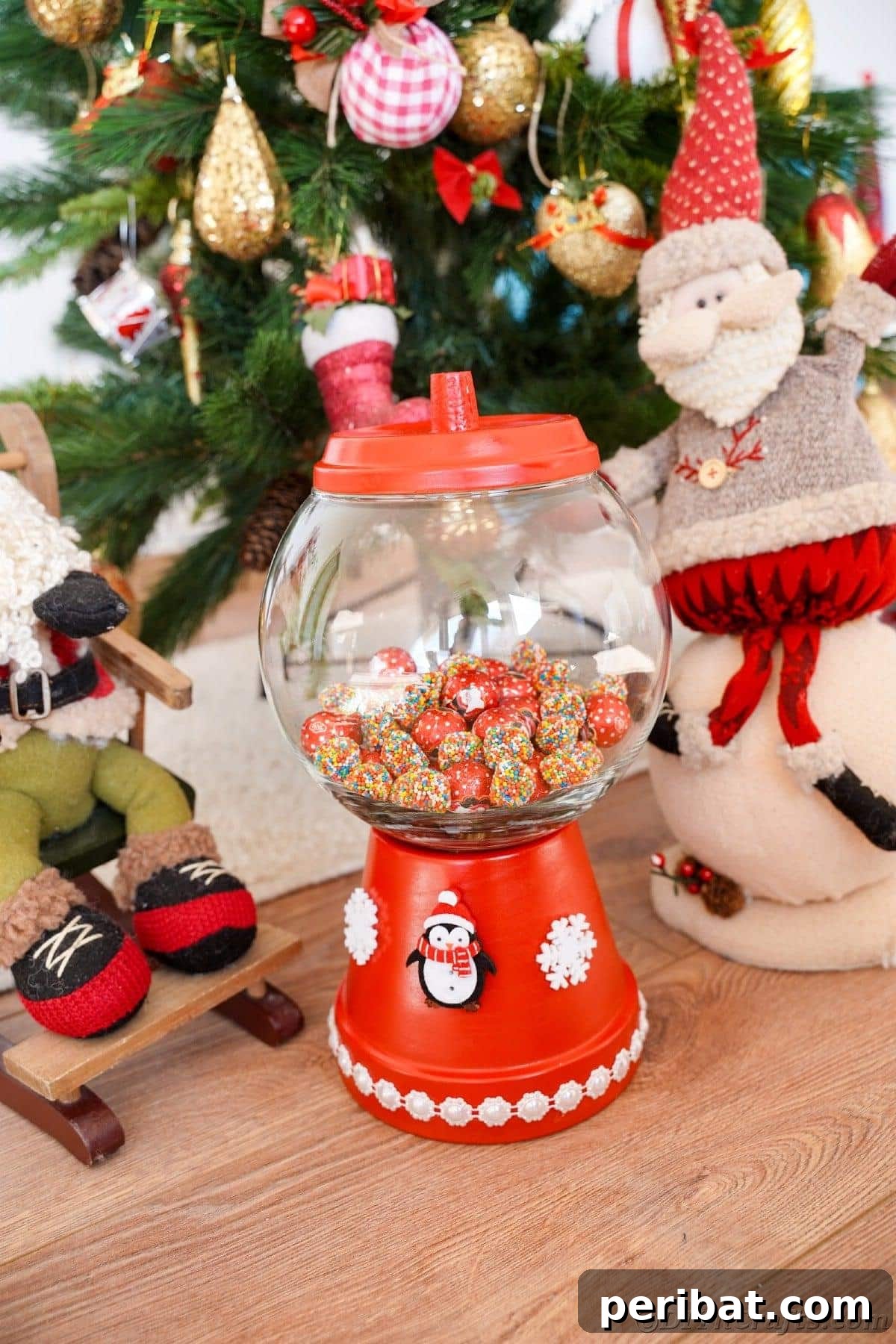 Festive Candy Dispenser on a Budget 18 candy dispenser made of glass bowl and flower pot by Christmas tree