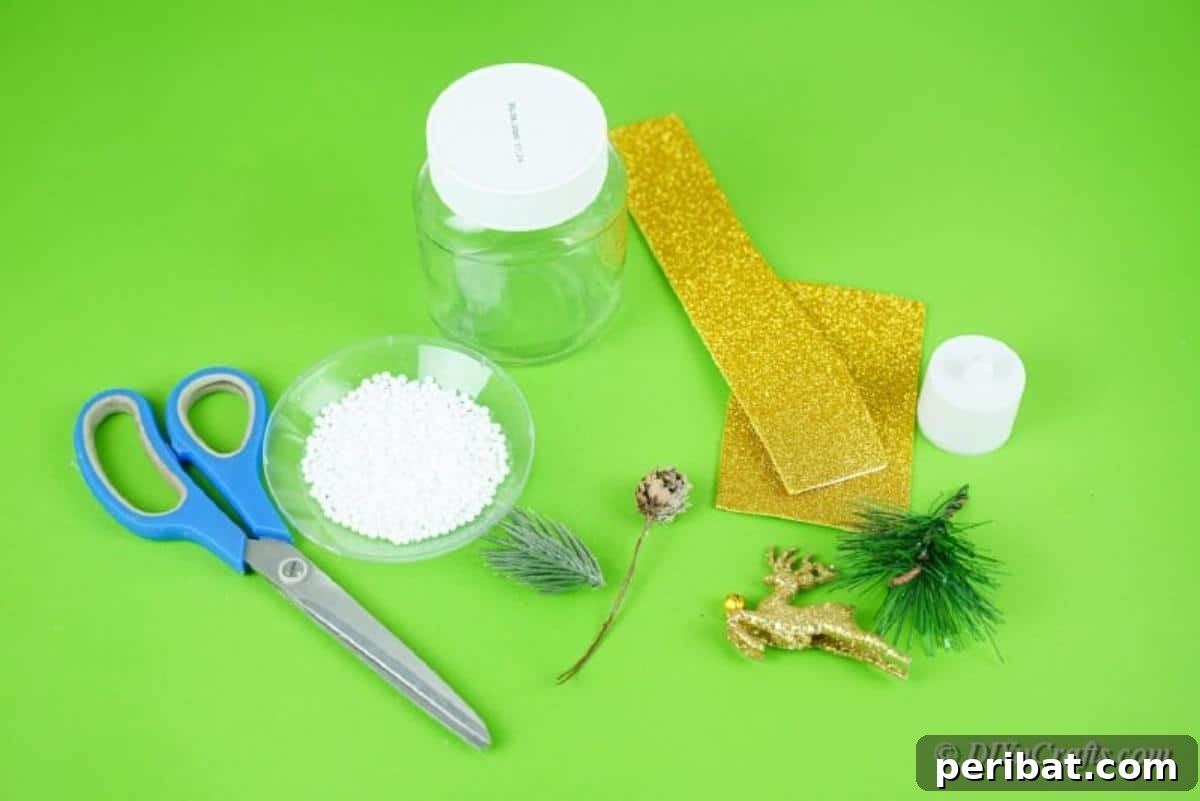 DIY Upcycled Christmas Snow Globe 8 craft supplies on a table