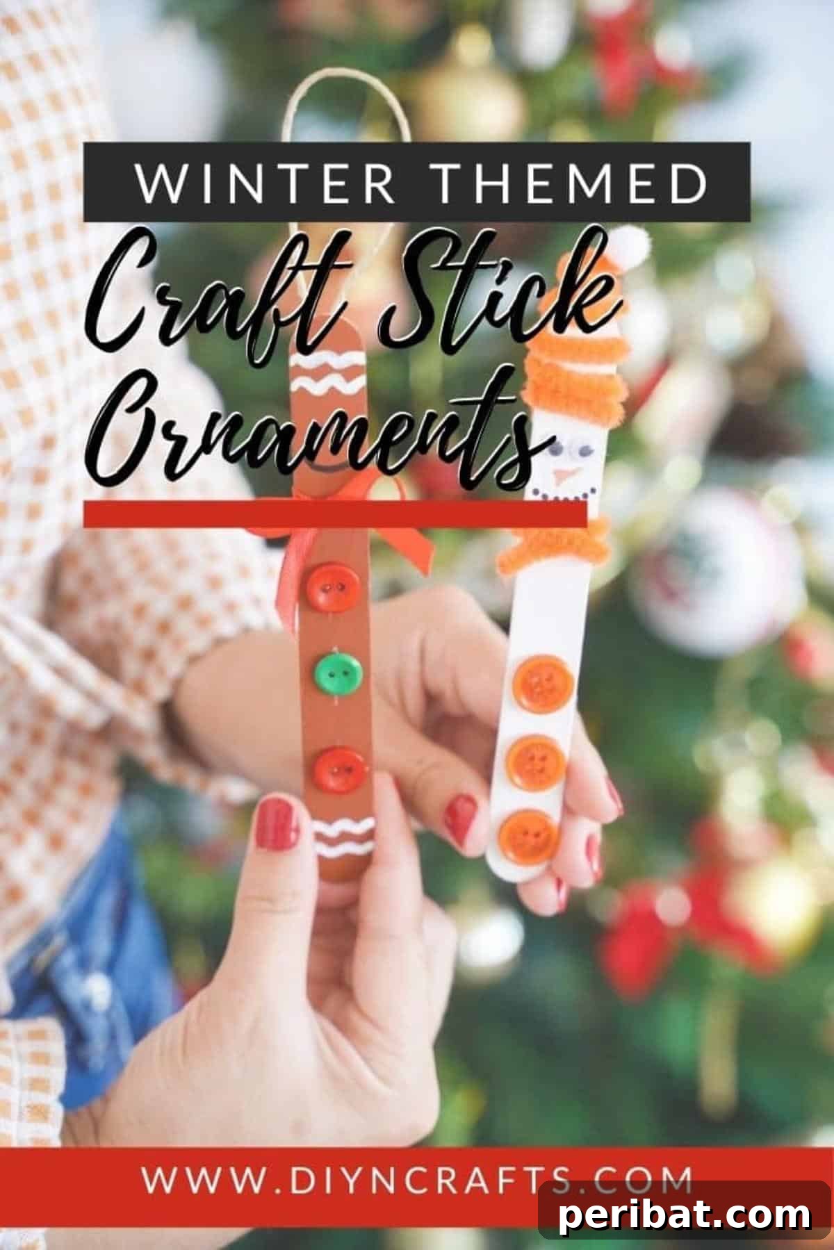 Sweet and Snowy Craft Stick Holiday Decor 2 Handcrafted craft stick Christmas ornaments featuring a snowman and gingerbread man design
