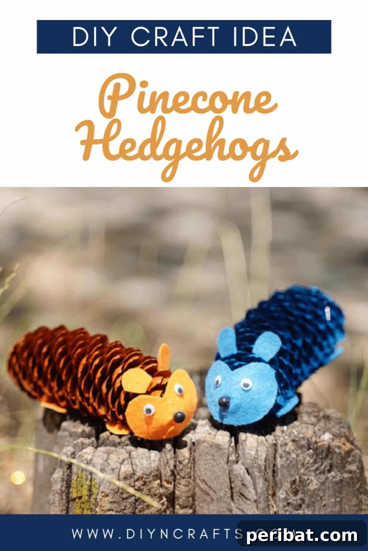 Whimsical Pinecone Hedgehogs 2 Two vibrant blue and orange pinecone hedgehogs resting on a wooden tree stump, surrounded by autumn leaves, showcasing a delightful fall craft project.