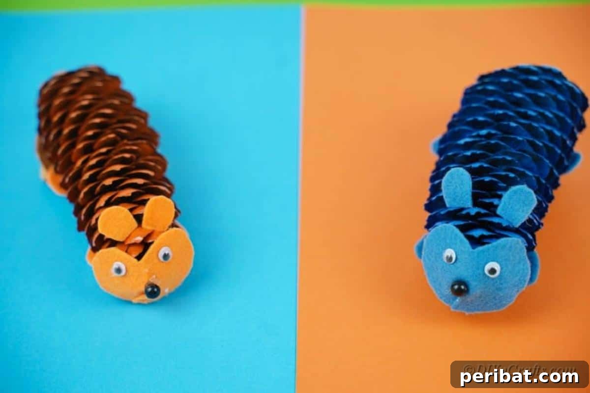 Whimsical Pinecone Hedgehogs 4 A close-up of a pinecone hedgehog craft, showing its googly eyes and felt face, resting on a textured wooden surface, embodying a cute DIY activity.