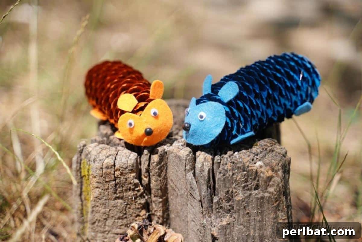 Whimsical Pinecone Hedgehogs 6 A charming pinecone hedgehog craft sitting on a weathered tree stump outdoors, blending seamlessly with natural fall decor.