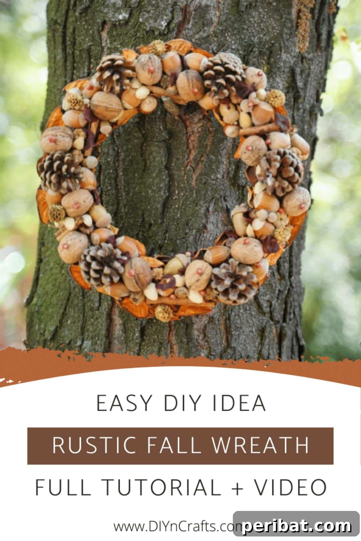 Foraged Fall Wreath 2 Rustic autumn wreath hanging from a tree