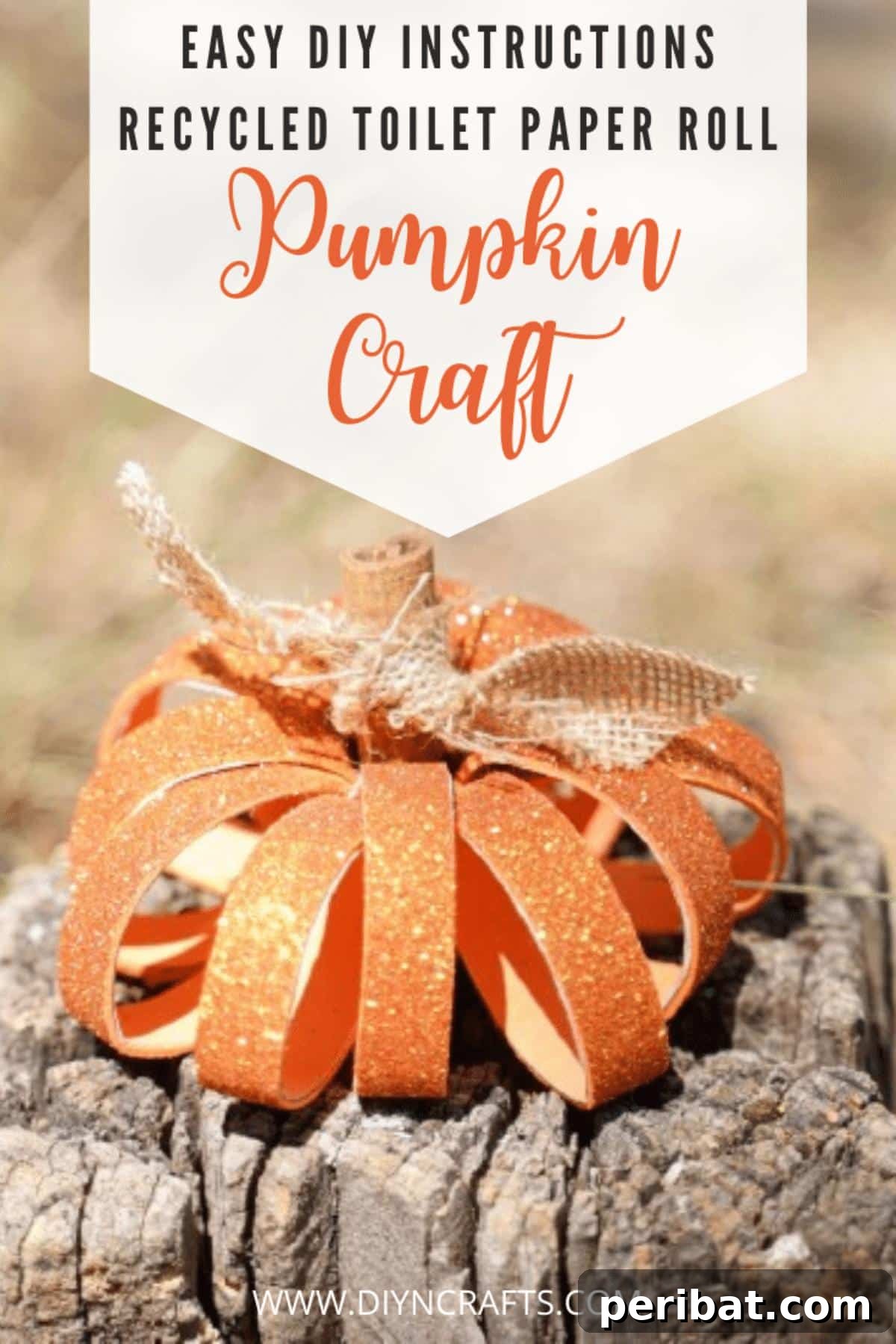 A charming toilet paper roll pumpkin craft displayed on a rustic stump, showcasing fall decor.