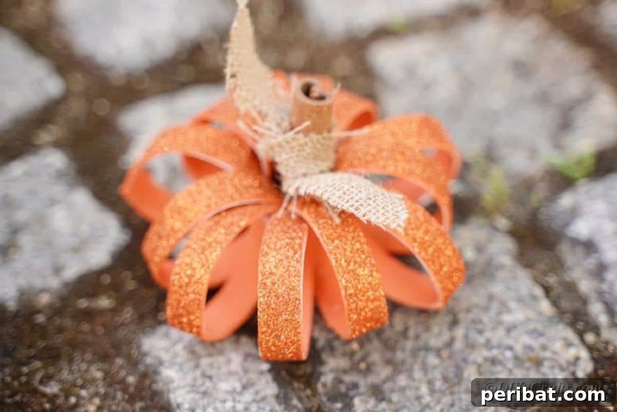 A completed toilet paper roll pumpkin craft displayed on the ground with fall foliage, ready for decor.