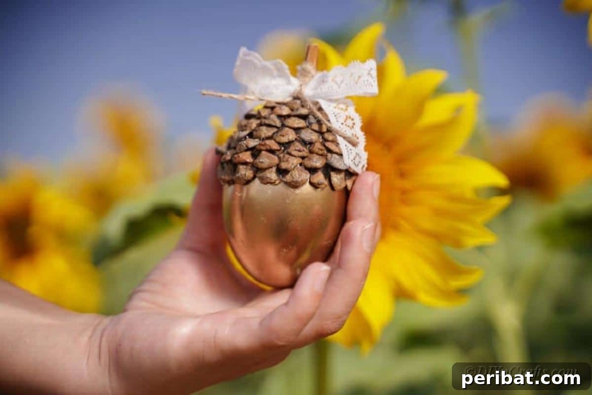 Atık Plastik Yumurtalardan Sonbahar Meşe Palamudu Yapımı 18 A woman holding a golden acorn craft up to a sunflower, creating a harmonious display of handmade autumn beauty.
