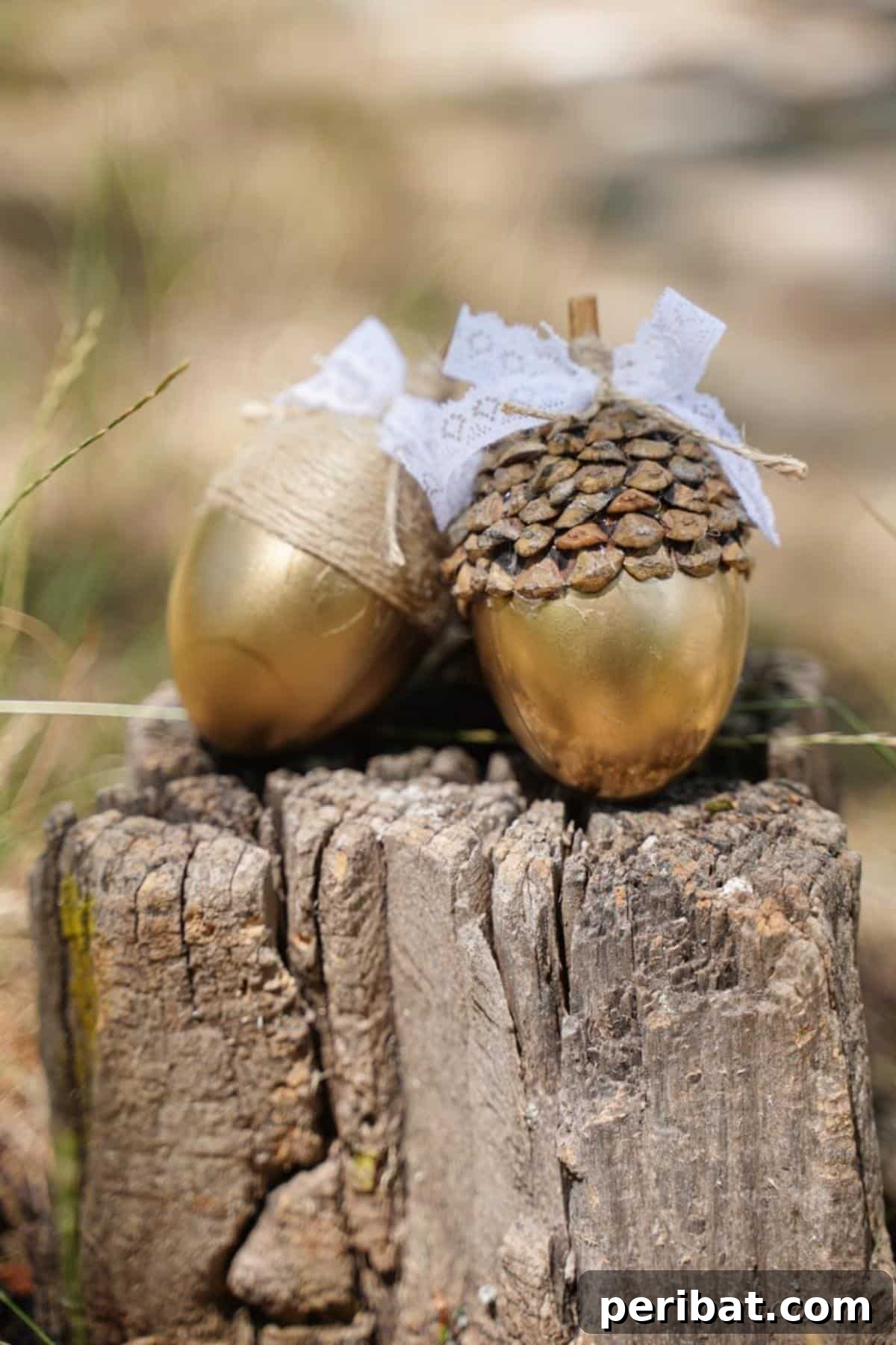 Atık Plastik Yumurtalardan Sonbahar Meşe Palamudu Yapımı 19 A captivating pair of handcrafted decorative golden acorns, showcasing their elegant design and rich texture.