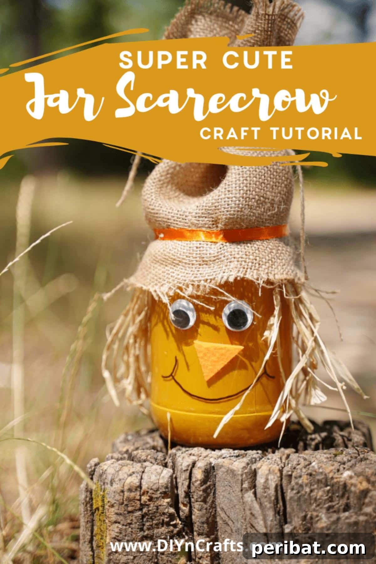 Whimsical Fall Scarecrow Jar Craft 2 Super cute scarecrow jar craft sitting on a tree stump, adorned with burlap hat, straw hair, painted orange body, googly eyes, and a friendly smile, embodying charming fall farmhouse decor.