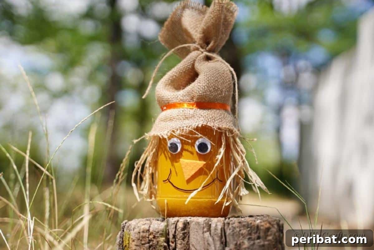 Whimsical Fall Scarecrow Jar Craft 3 Close-up of a DIY scarecrow jar craft, showcasing its detailed burlap hat, straw accents, and cheerful face, resting on a tree stump outdoors.
