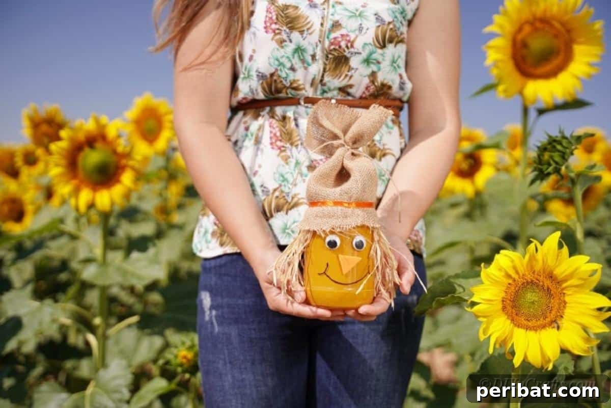 Whimsical Fall Scarecrow Jar Craft 4 A woman's hands gently holding a completed DIY scarecrow jar craft, showing off its cute face and rustic charm, ready for fall decorating or gifting.