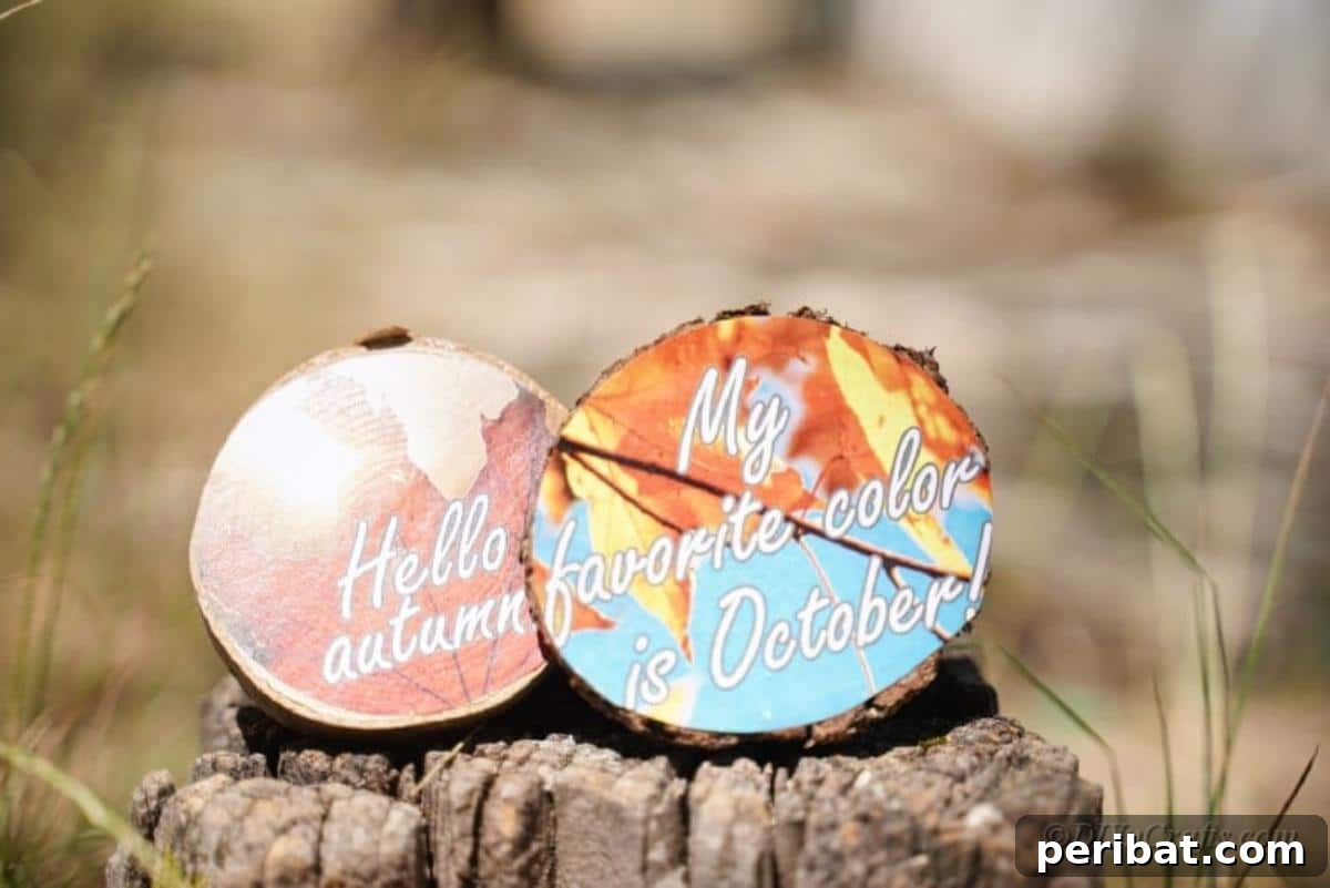Autumnal Wood Slice Photo Keepsakes 6 Fall decorated wood slices sitting on top of stump