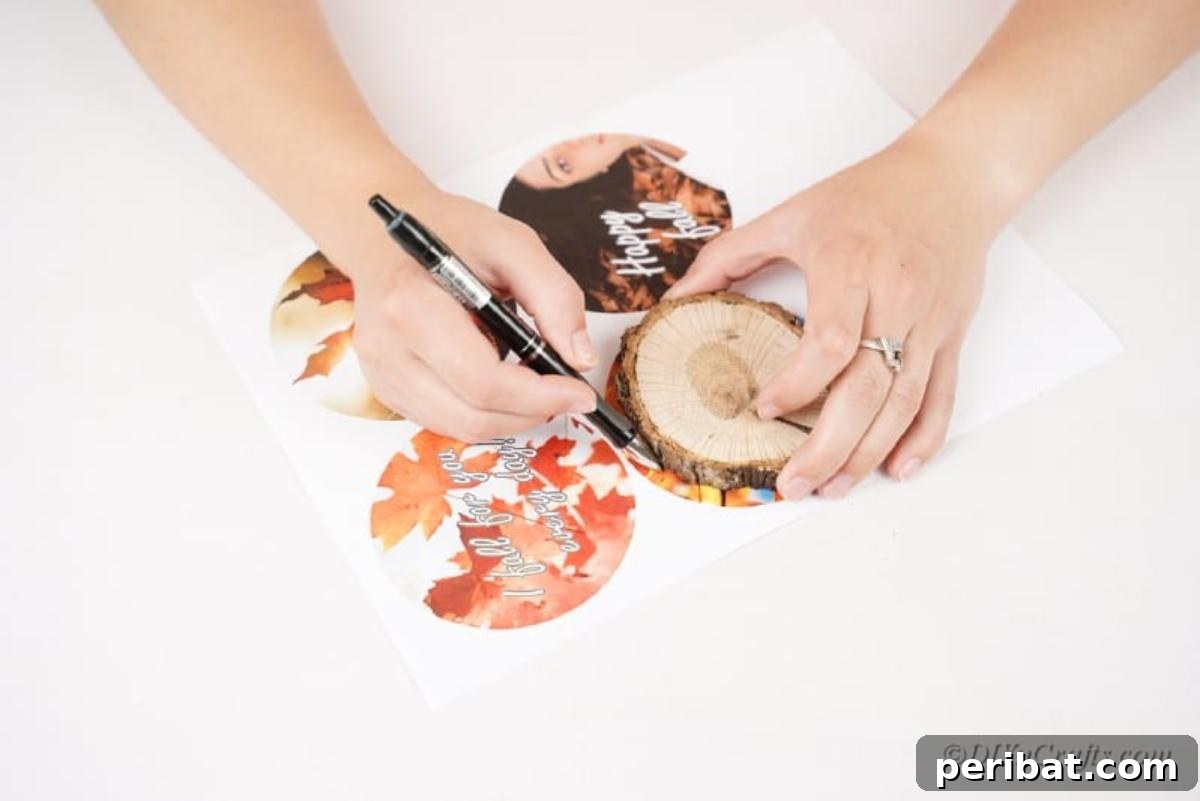 Autumnal Wood Slice Photo Keepsakes 8 Tracing with pen over picture and piece of wood