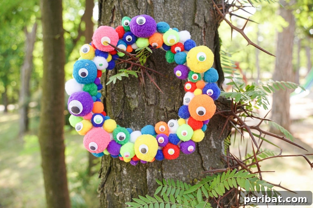 Creepy Cute Pom Pom Monster Wreath 12 Colorful pom pom wreath on tree