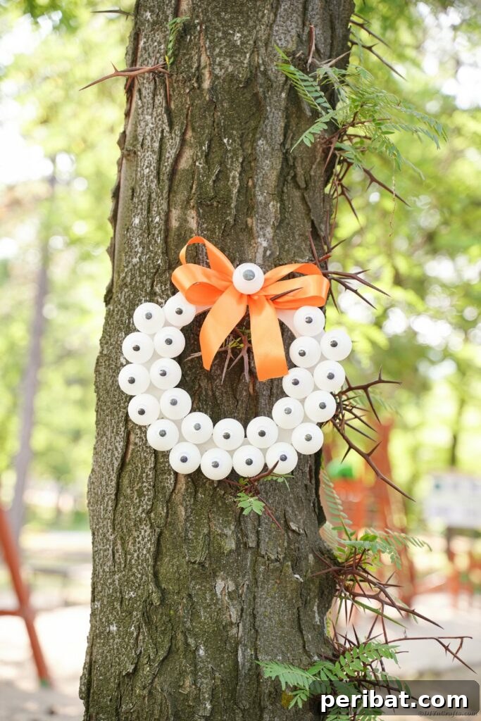 Ghoul's Eye Halloween Entry Wreath 26 A unique monster eyeball wreath with a striking orange bow, hanging gracefully on the rough bark of a tree, blending spooky with natural elements