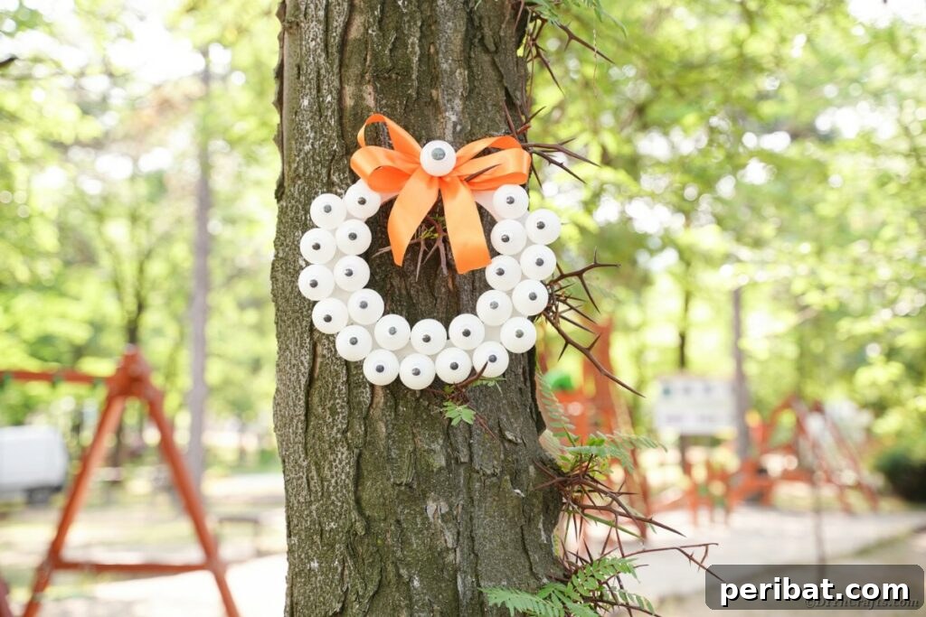 Ghoul's Eye Halloween Entry Wreath 5 A spooky eyeball wreath with a vibrant orange bow, artfully displayed on a rustic tree trunk outdoors