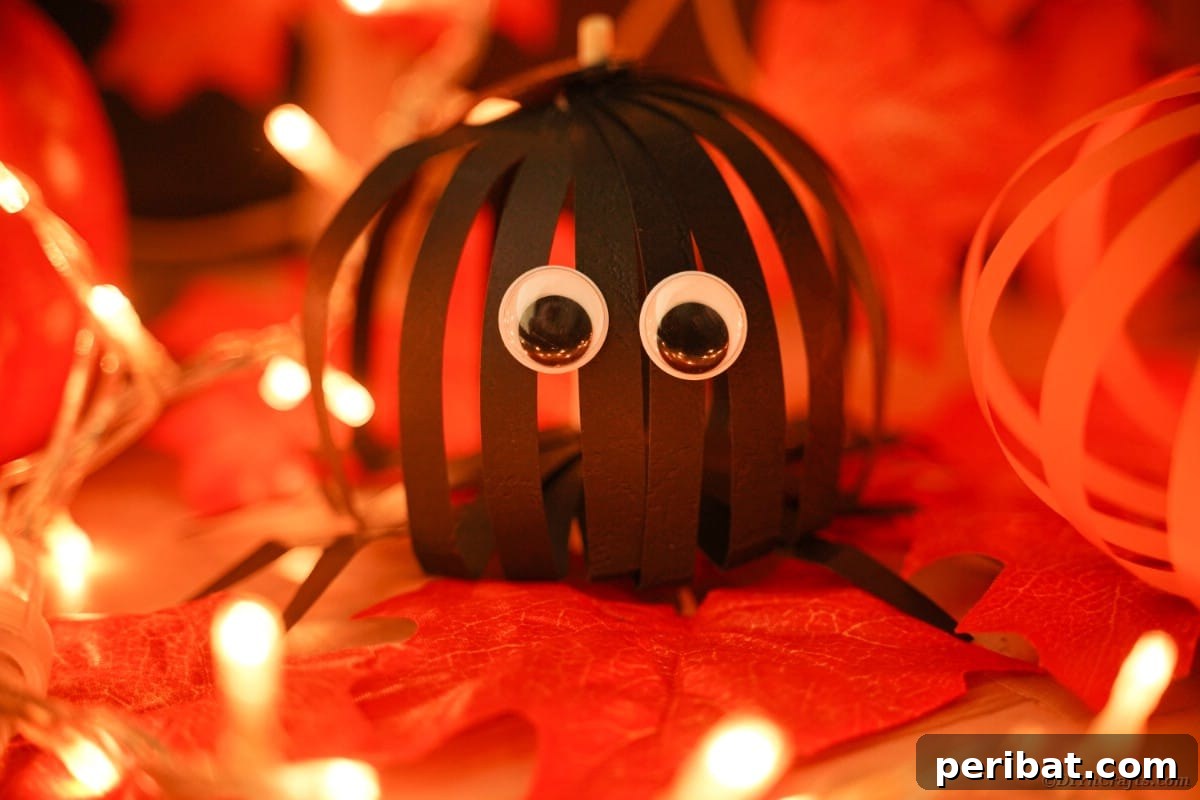 Spooky Paper Strip Creations: Bats, Pumpkins & Spiders 39 A black paper strip spider with googly eyes rests on a Halloween-themed table with other decorations.