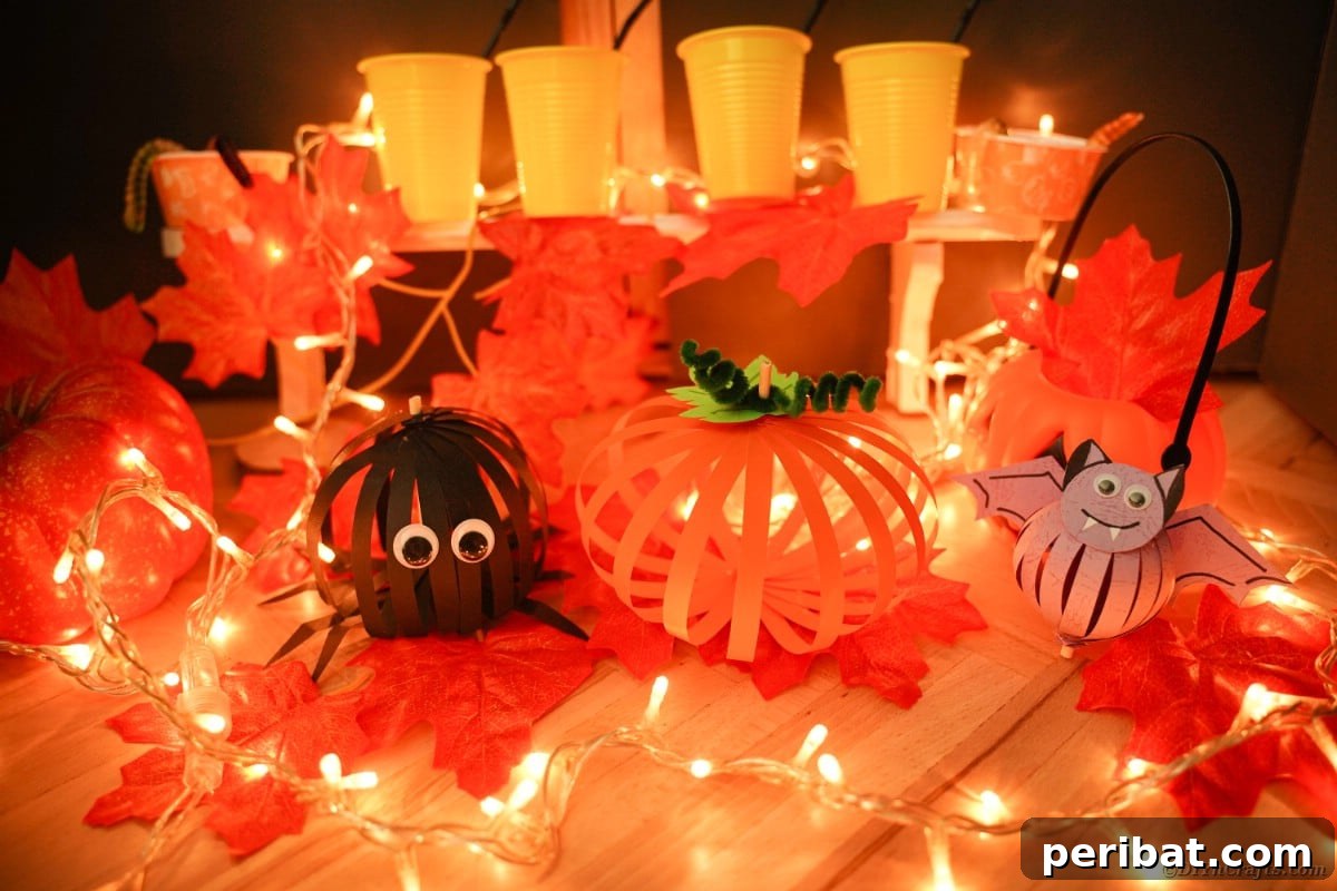 Spooky Paper Strip Creations: Bats, Pumpkins & Spiders 7 A collection of finished paper Halloween decorations, including pumpkins, bats, and spiders, arranged artfully on a table.