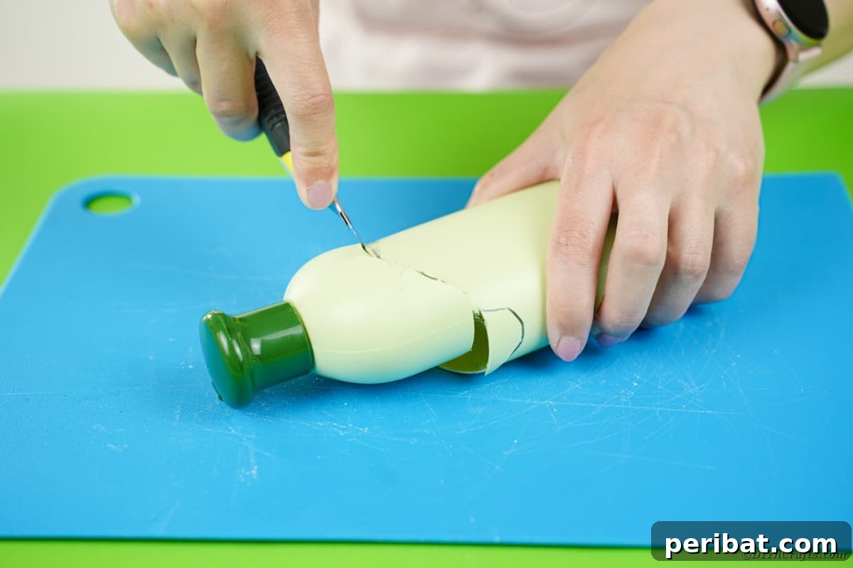 Cutting a shampoo bottle