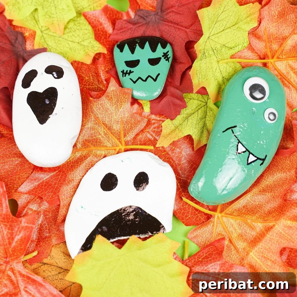 Spooky Sweet Halloween Rock Art 2 Painted rocks on fall leaves