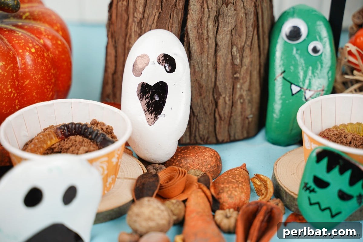 Spooky Sweet Halloween Rock Art 6 Ghost rock against stump