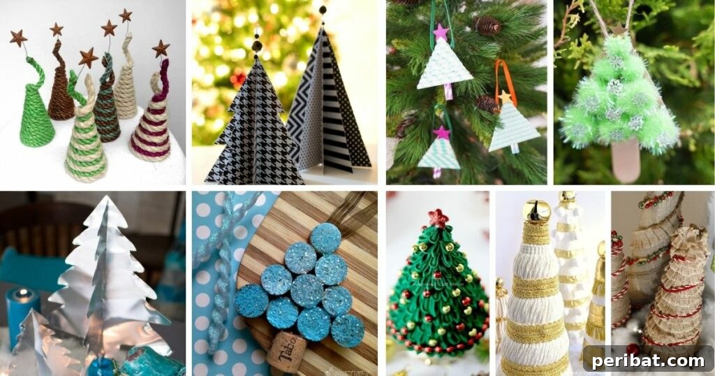 40+ Adorable Mini Christmas Tree Decor Ideas 2 A charming collage showcasing various DIY mini Christmas trees, including pinecone, paper, and yarn designs. Perfect for holiday decor inspiration.