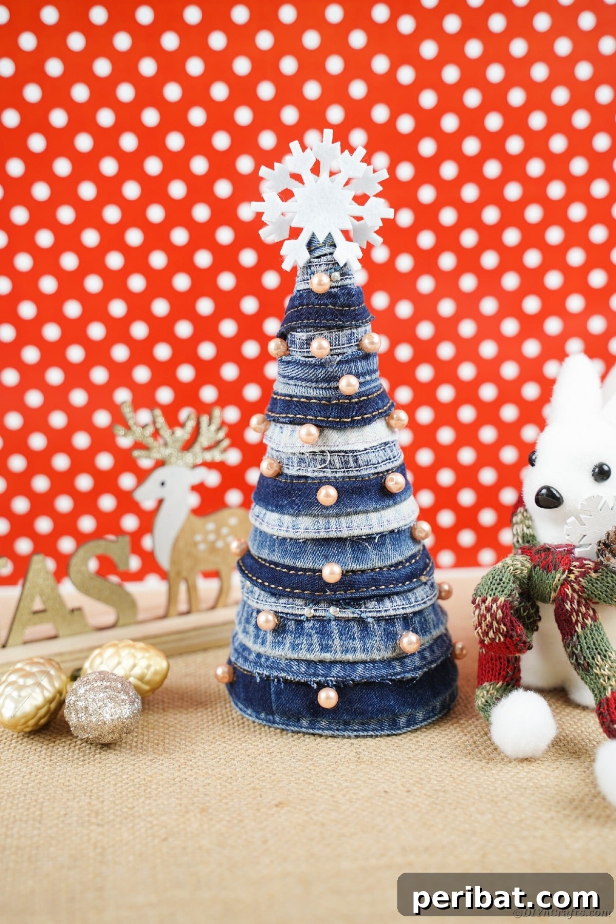 Upcycled Denim Mini Christmas Tree 19 Denim tree by polka dot background