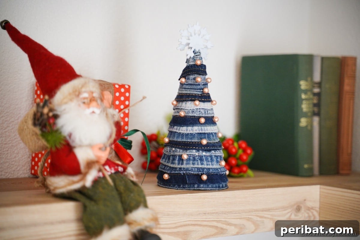 Upcycled Denim Mini Christmas Tree 6 Mini denim tree on shelf