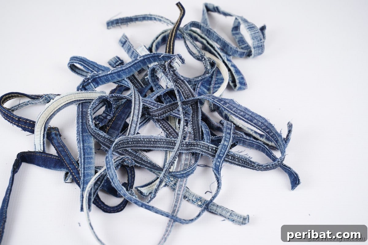 Upcycled Denim Mini Christmas Tree 10 Pile of denim strips