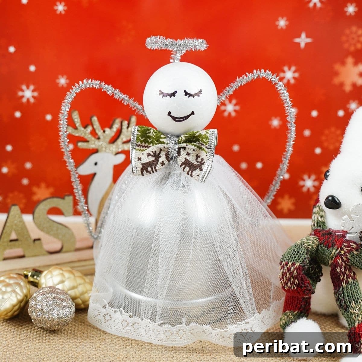 Enchanting Upcycled Bottle Angel Ornament 2 Angel against red background, a lovely upcycled bottle angel for Christmas decor.