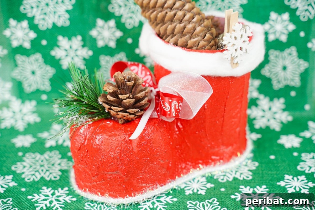 Handmade Santa boot sitting on festive green holiday paper, ready for display.
