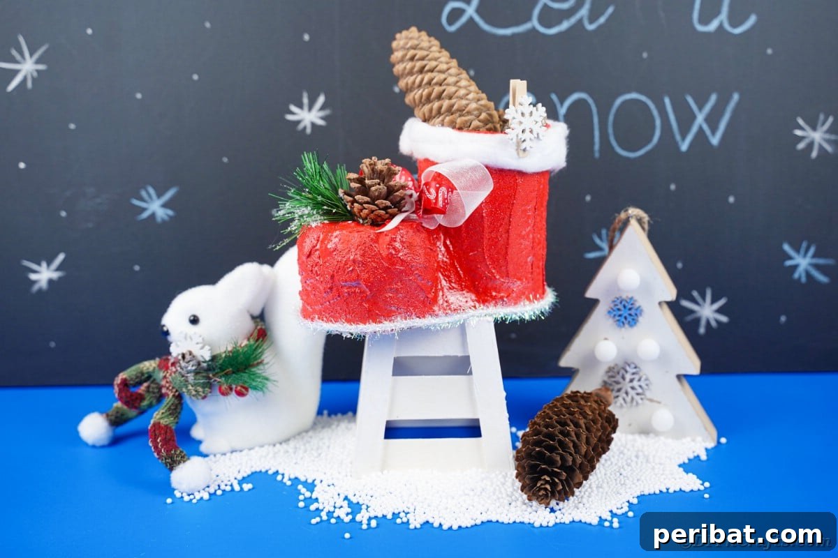 A finished Santa boot decoration, textured and painted, next to a charming chalkboard.