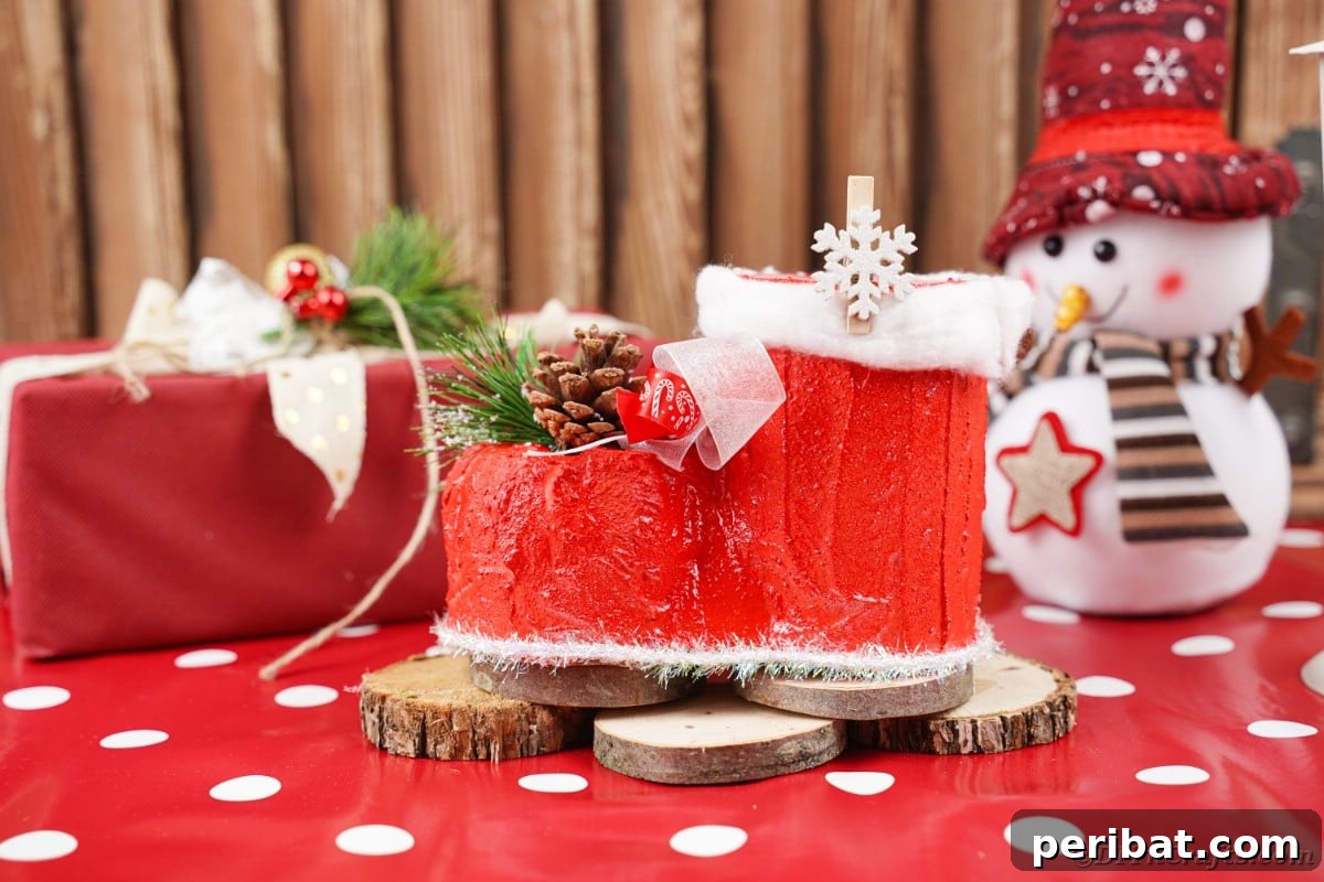 A charming Santa boot, handmade and decorated, sitting on cheerful polka dot paper.